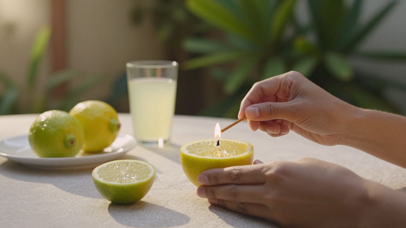 Mãos acendendo vela feita em limão cortado ao lado de copo de limonada e limões em uma mesa branca.