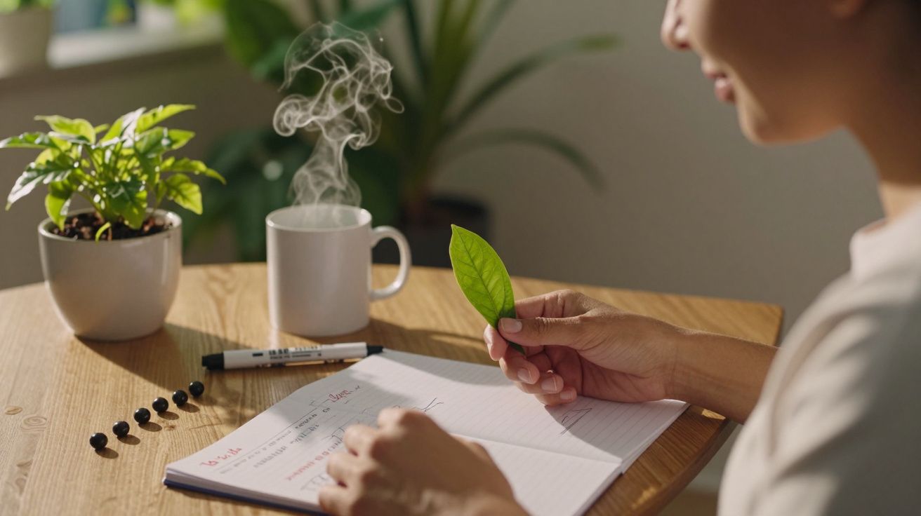 Pessoa segura folha enquanto escreve em caderno, com planta, xícara de café e caneta sobre a mesa de madeira.